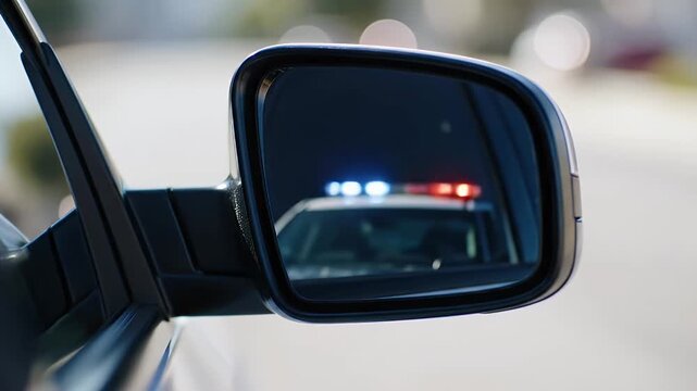 Pulled Over Police Siren Lights Flashing Reflected Car Mirror