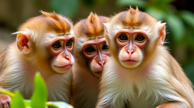 Three monkeys interacting with curious expressions