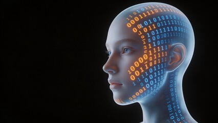 Human head with binary code overlay