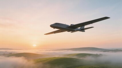 Airplane flying over misty hills at sunrise
