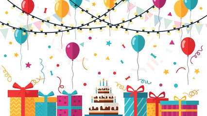 Obraz premium Happy Birthday Celebration with Cake, Balloons, Gifts, and Party Lights