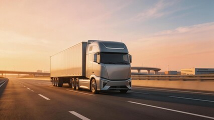 Modern truck on highway at sunset