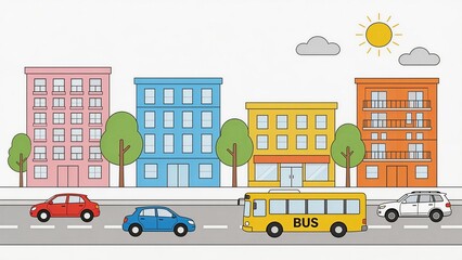 Colorful city street with vehicles and buildings