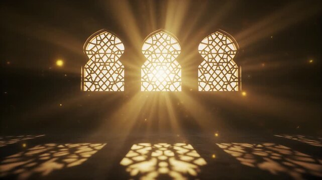 Golden light illuminates ornate architectural windows, casting sacred patterns in a dark, serene, and spiritually evocative interior space