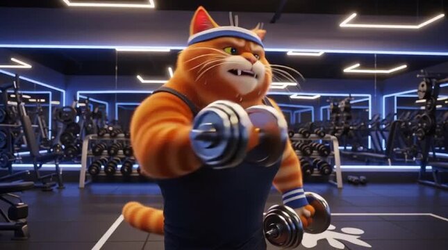 A cartoon cat lifts dumbbells in a gym