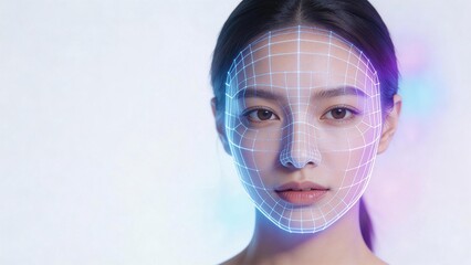 Woman with digital face grid overlay