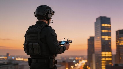 Person operating drone in cityscape