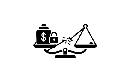Justice scale balancing money and security with a padlock symbolizing financial protection and safety