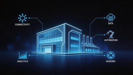 Futuristic factory with digital icons