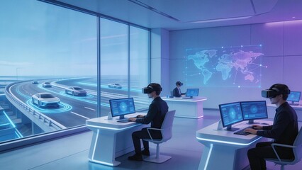 People using VR in a futuristic control room