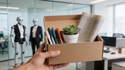 Hand holding box with office items and robots