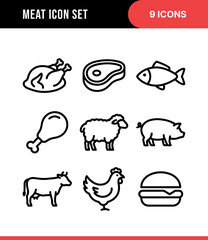 Simple Line Art Meat Type Illustration Icon Collection Set