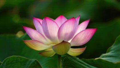 Exquisite Pink Lotus Flower in Full Bloom with Greenery.