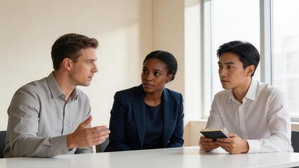 Three people in a business meeting