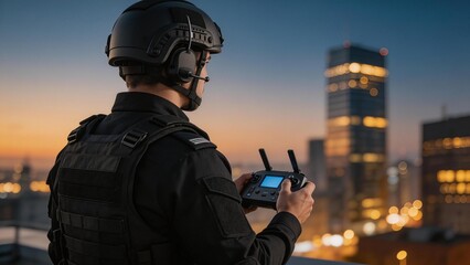 Person operating drone controller in city