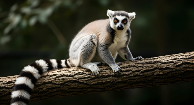 Ring-tailed lemur perched on a tree branch, showcasing its distinctive black and white striped tail.