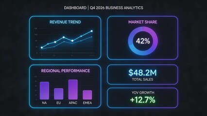 Business analytics dashboard with revenue and market data