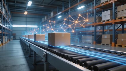 Warehouse conveyor system with boxes