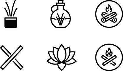 Naklejka premium Incense diffuser lotus and campfire icon set wellness relaxation outline vector collection