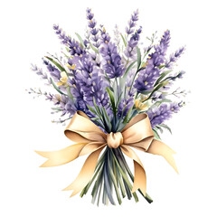 Obraz premium Watercolor Lavender Bouquet with Golden Ribbon - Elegant Floral Arrangement for Decoration.