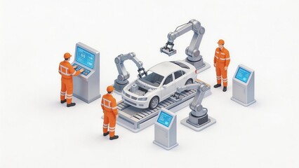 Car assembly line with workers and robots