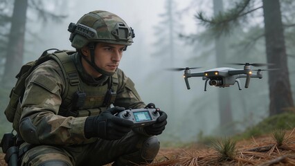Soldier operating drone in forest