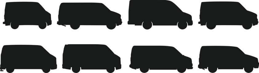 Collection of Delivery Van Silhouettes in Different Side Views Isolated on White Background for Transport and Logistics Design © rakib's world