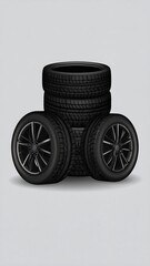 Stack of black tires, two separate, arranged in a triangular shape, against grey background