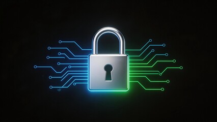 Digital padlock with glowing circuit lines