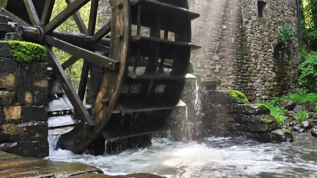 A wooden waterwheel turns, powered by a stream, next to a stone building with lush greenery