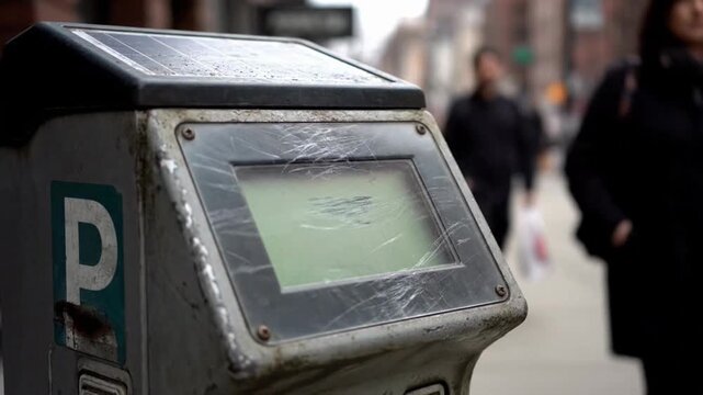 Solar powered parking meter on a city sidewalk with blurred pedestrians