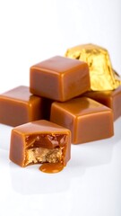 Stack of caramel candies, one bitten showing center with golden foil wrapper behind them