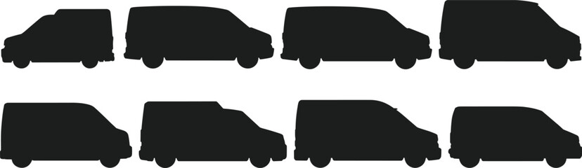 Set of Cargo and Delivery Van Silhouettes in Various Side Profiles Isolated on White Background © rakib's world