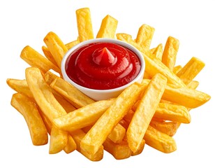 Stack of golden french fries with a small bowl of bright red ketchup on a white surface
