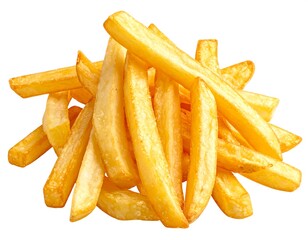 Stack of golden-brown, crispy french fries against a white background