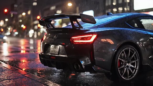 Dark Sport Car Detail Taillight Spoiler Wet Road Night Scene