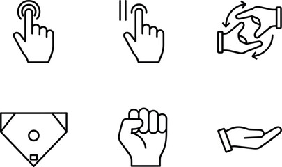 Fototapeta premium Touch gesture teamwork support and baseball field line icon set outline vector collection