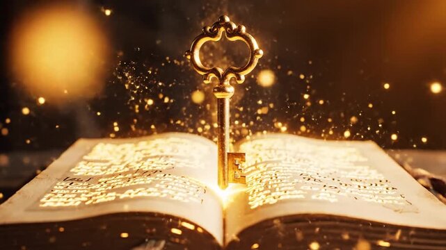 Golden magic key rising from ancient book with glowing particles
