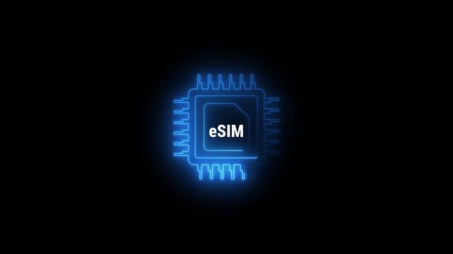 Glowing neon eSIM card icon concept animation. Neon blue network chip electronic connection on 4k video Mobile and wireless communication technology.