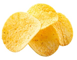 Stack of savory seasoned potato chips isolated on a white background, tempting snack item