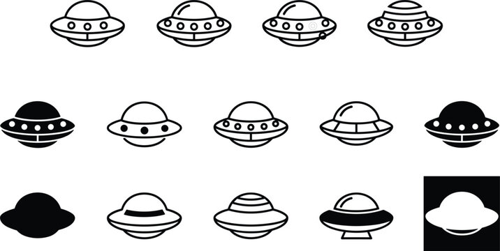 UFO flying saucer icon set alien spaceship outline and silhouette vector collection