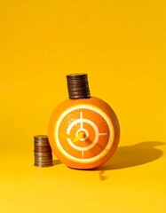 Orange with target, coins stacked, bright yellow background, showcasing a financial goal concept in studio lighting