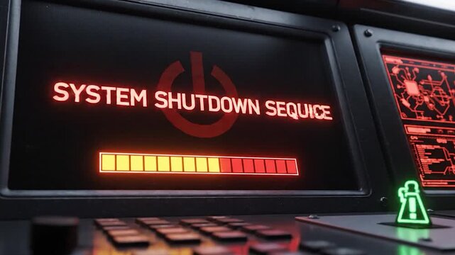 Futuristic control panel displays a warning message on a red screen