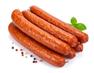 Stack of smoked sausages with basil garnish and peppercorns, against white backdrop