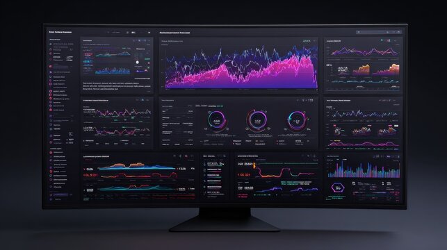 Advanced data analytics dashboard with colorful graphs and charts on ultra-wide monitor displaying economic trends and performance metrics in dark theme.