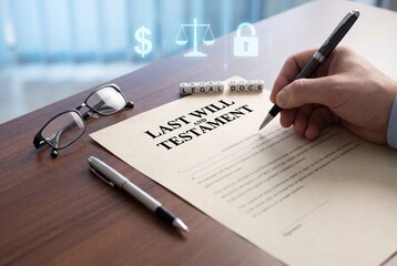 Close up of hand signing last will and testament document on office desk with legal concept symbols