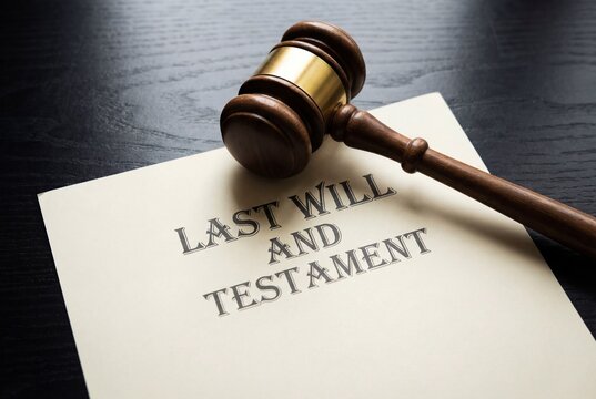 Wooden gavel on last will and testament document on dark table for inheritance and estate law