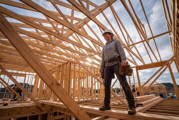 Fototapeta premium Female construction worker stands confidently amidst wooden house framing
