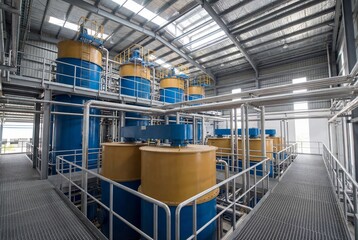 Large industrial tanks and machinery inside a processing plant