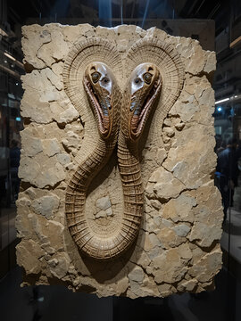 Ancient fossil specimen of a two-headed serpent dramatically presented under exhibition lighting.